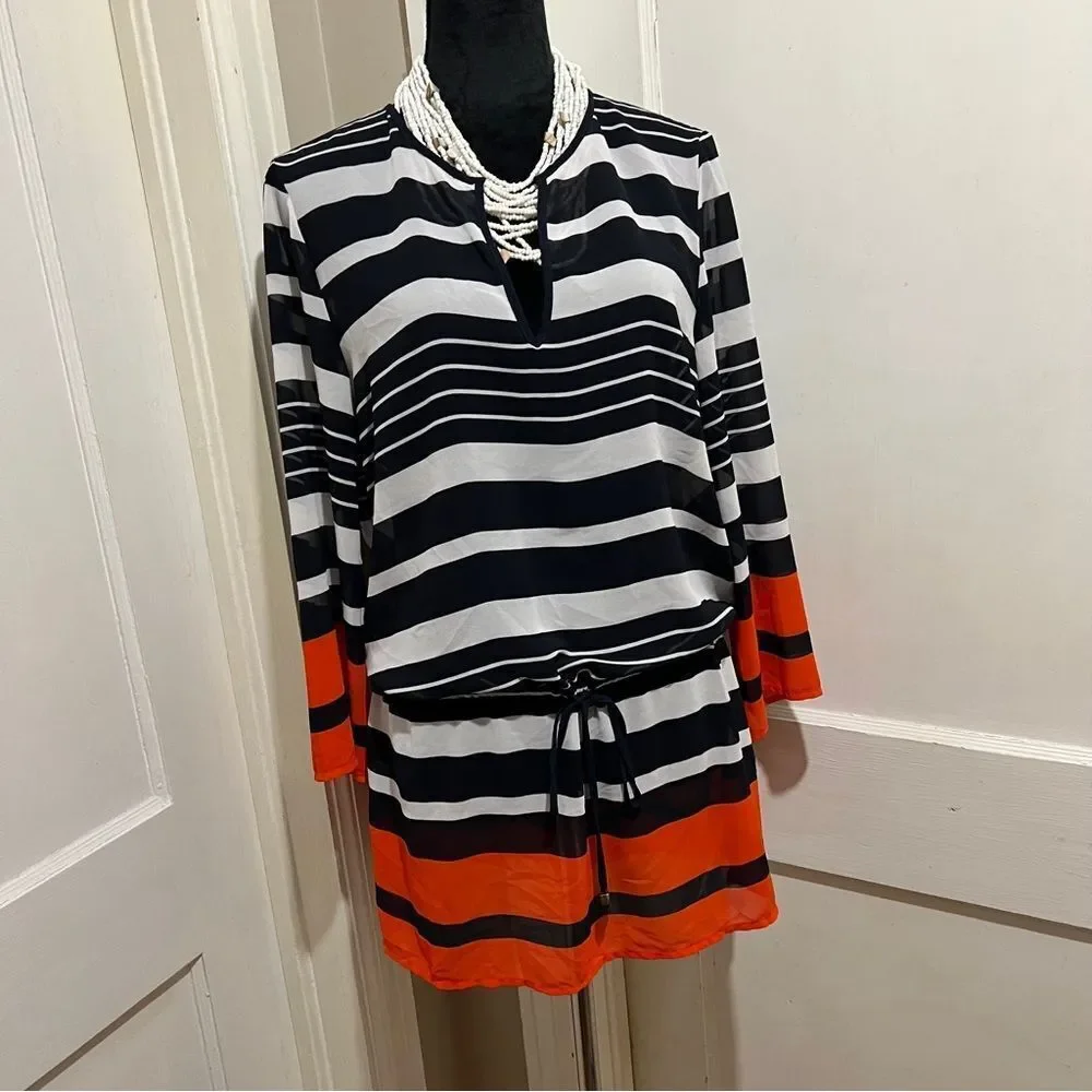Michael Kors Sheer Striped Pull On Swimsuit Cover Mini Dress Women's Large